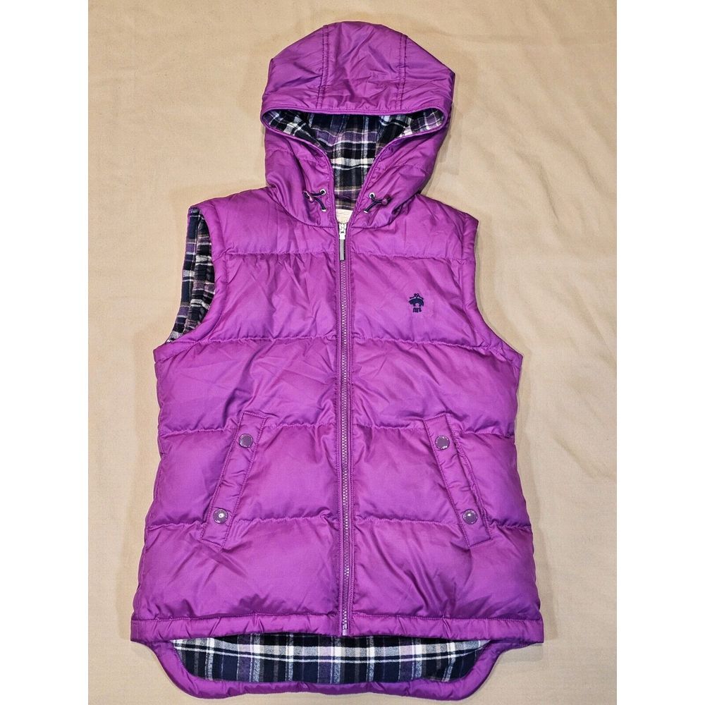Brooks Brothers Women Hooded Plaid Flannel Lined Purple Puffer Vest Duck Down 2